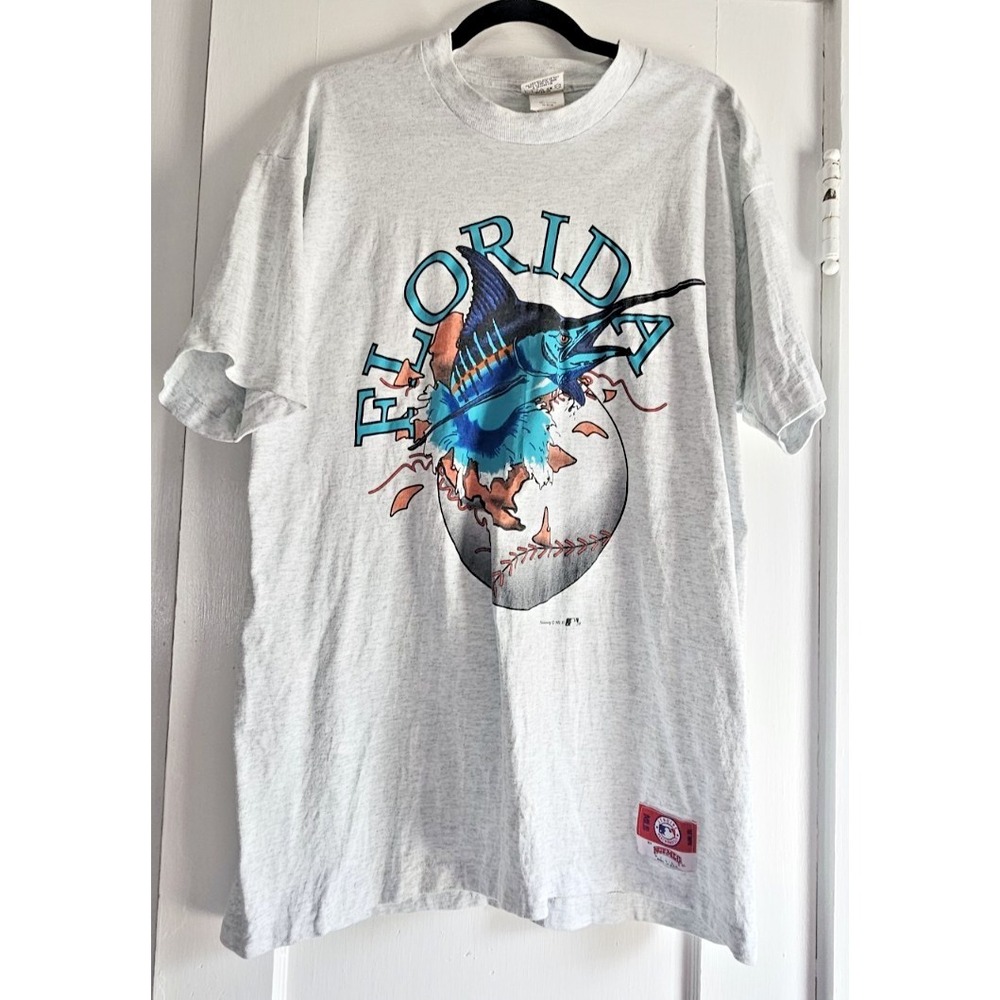 Vtg Nutmeg MILLS MLB‎ Florida Marlins break through T shirt light grey men XL